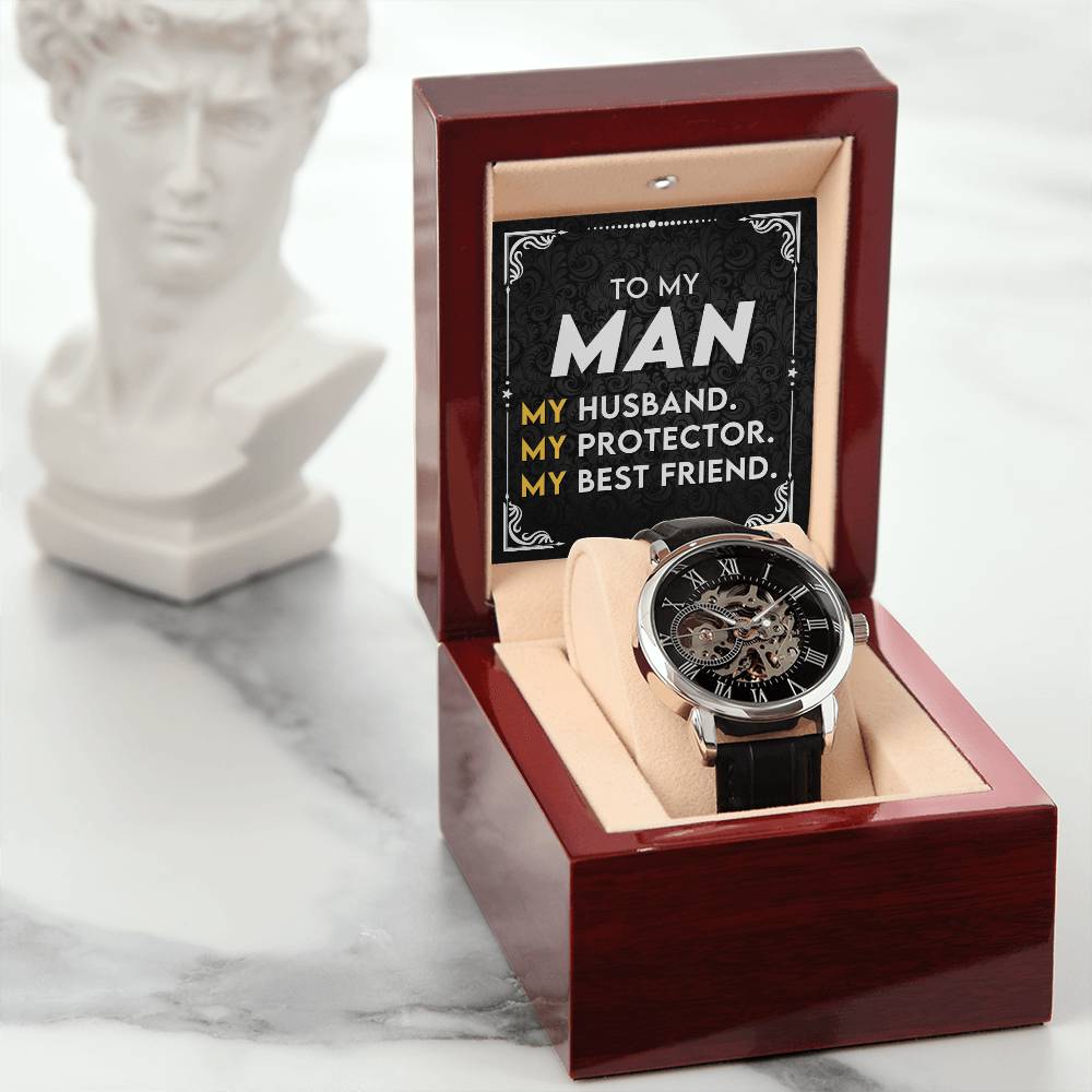 Men's Openwork Luxury Watch with Mahogany Box - A gift for my wonderful husband!