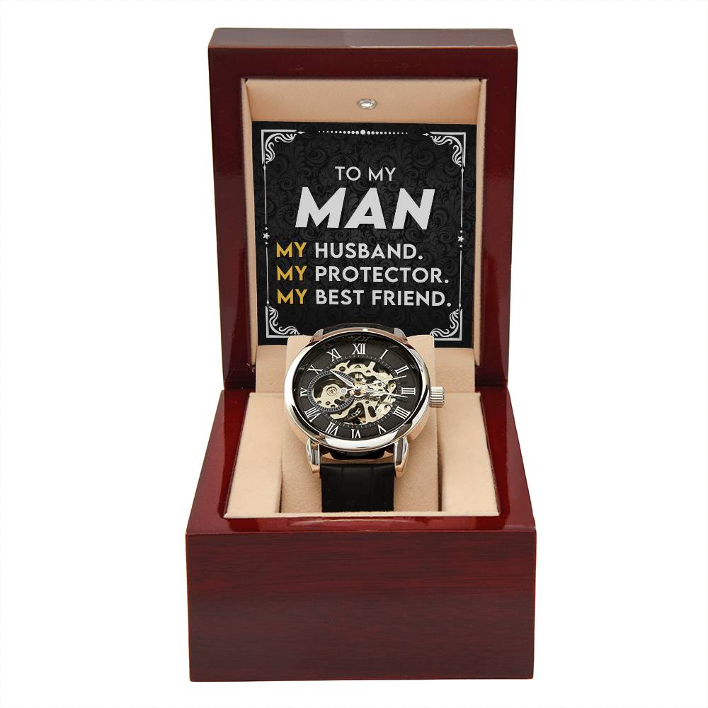 Men's Openwork Luxury Watch with Mahogany Box - A gift for my wonderful husband!