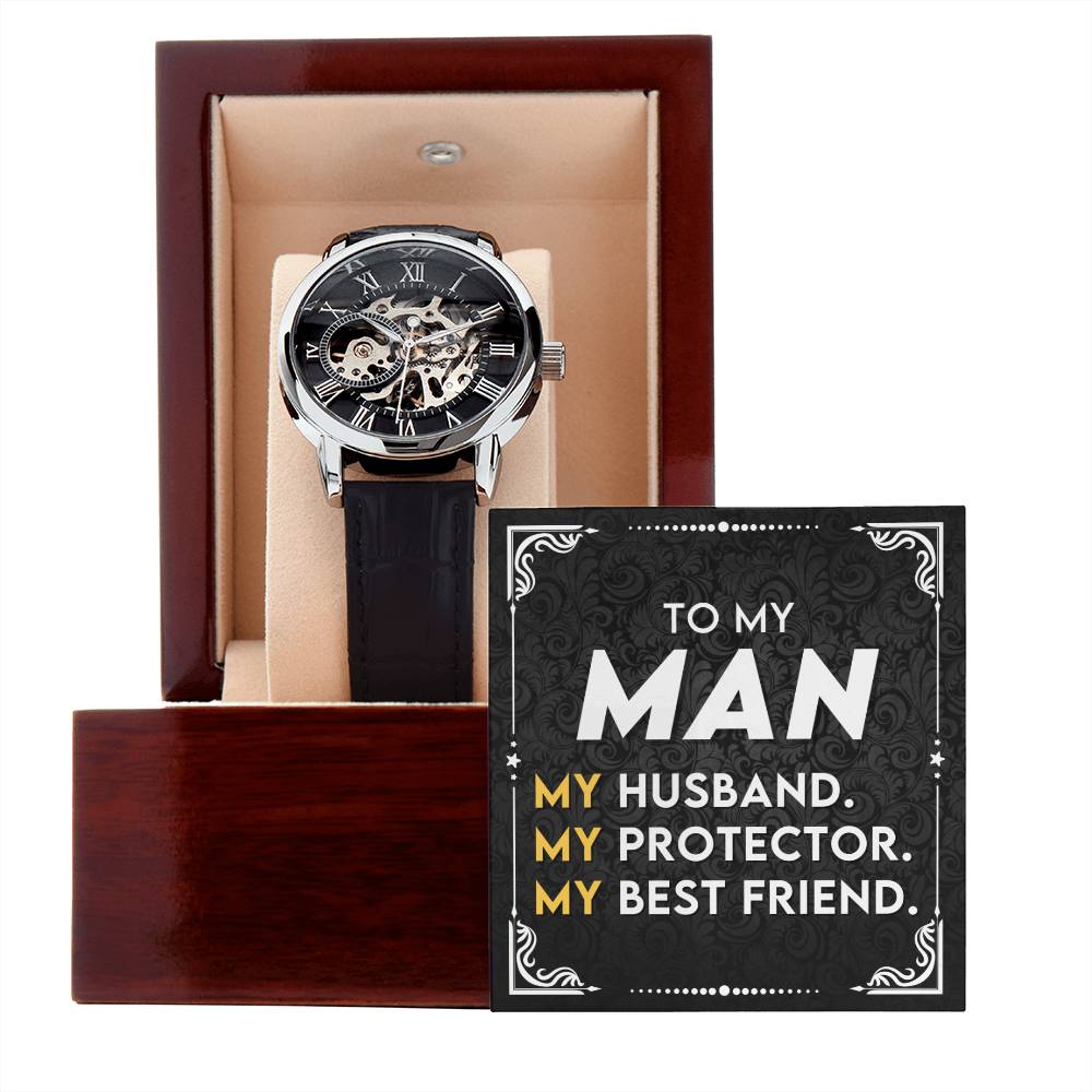 Men's Openwork Luxury Watch with Mahogany Box - A gift for my wonderful husband!