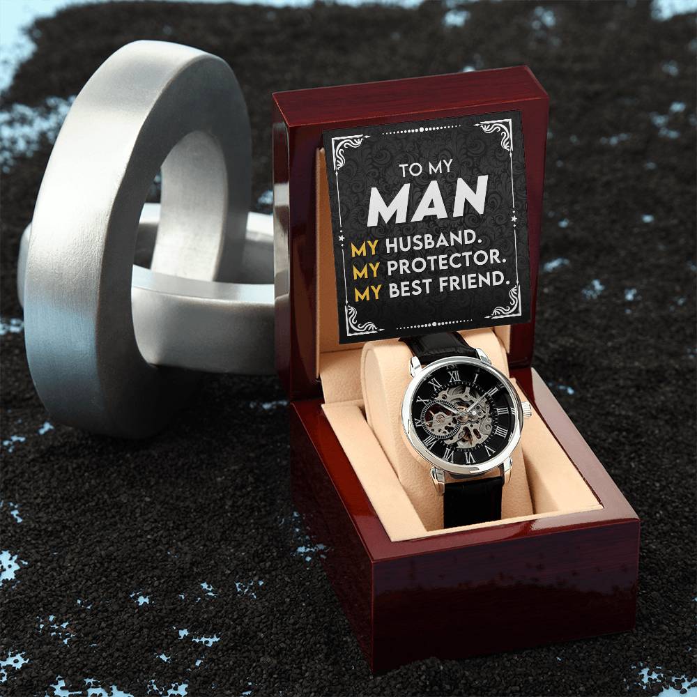 Men's Openwork Luxury Watch with Mahogany Box - A gift for my wonderful husband!