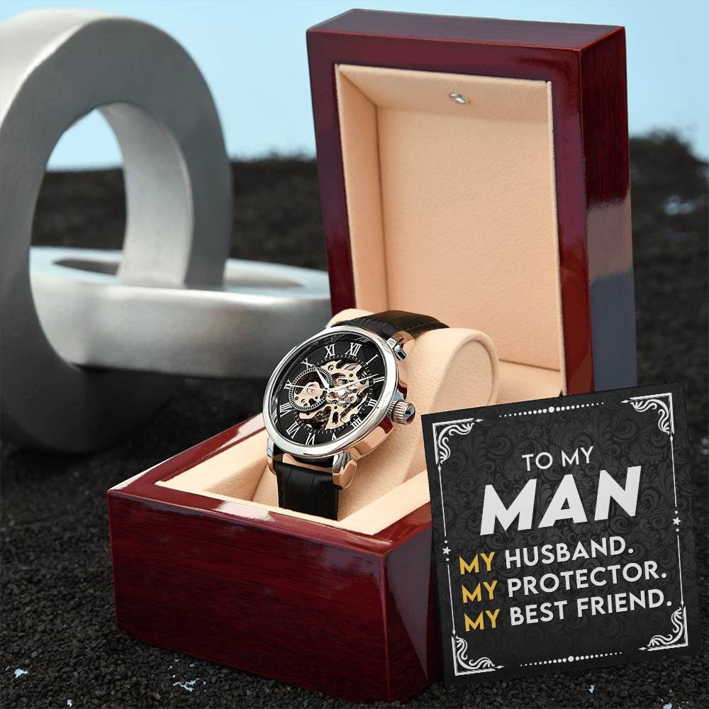 Men's Openwork Luxury Watch with Mahogany Box - A gift for my wonderful husband!