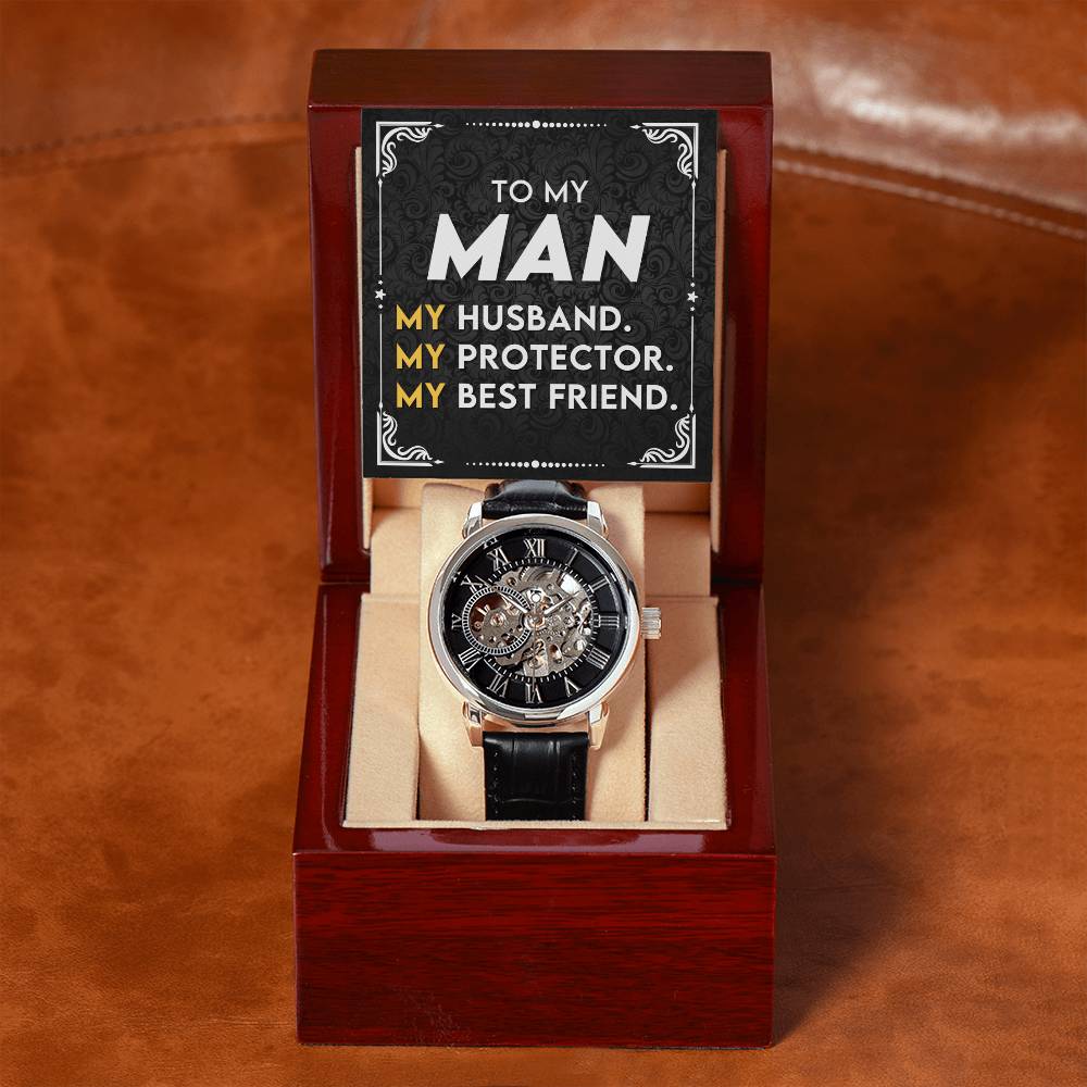 Men's Openwork Luxury Watch with Mahogany Box - A gift for my wonderful husband!