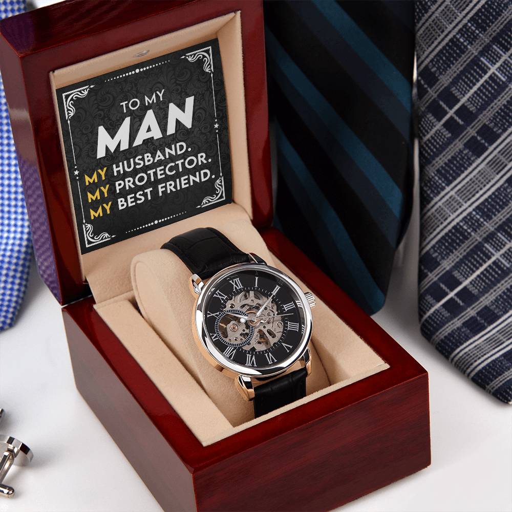 Men's Openwork Luxury Watch with Mahogany Box - A gift for my wonderful husband!